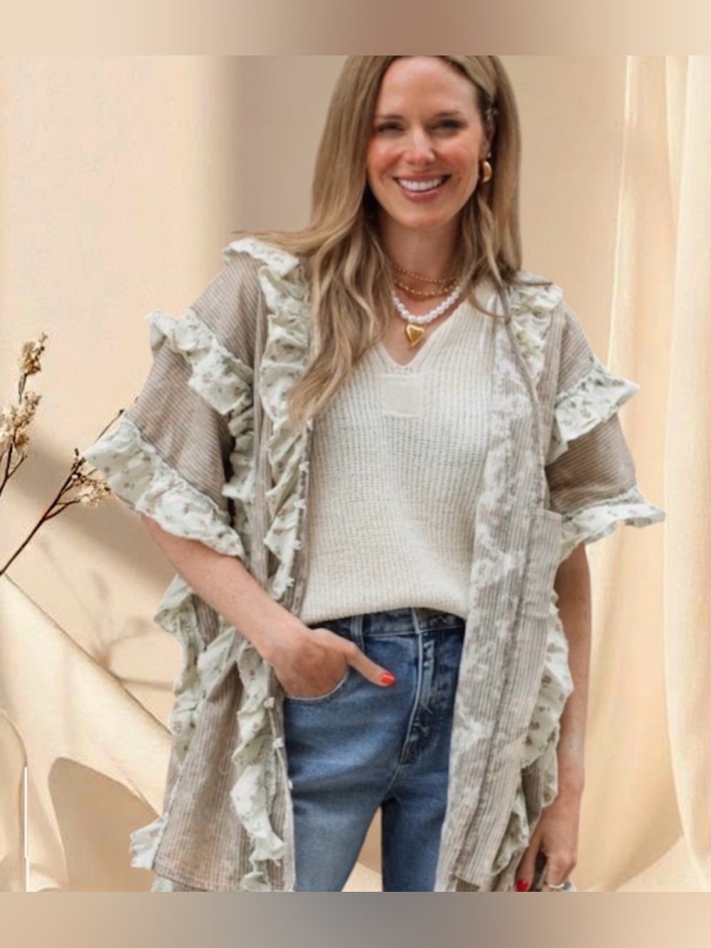 #1267 Oli & Hali Ruffled button down blouse / kimono / Kaftan in Light Taupe - Picture 7 of 9
